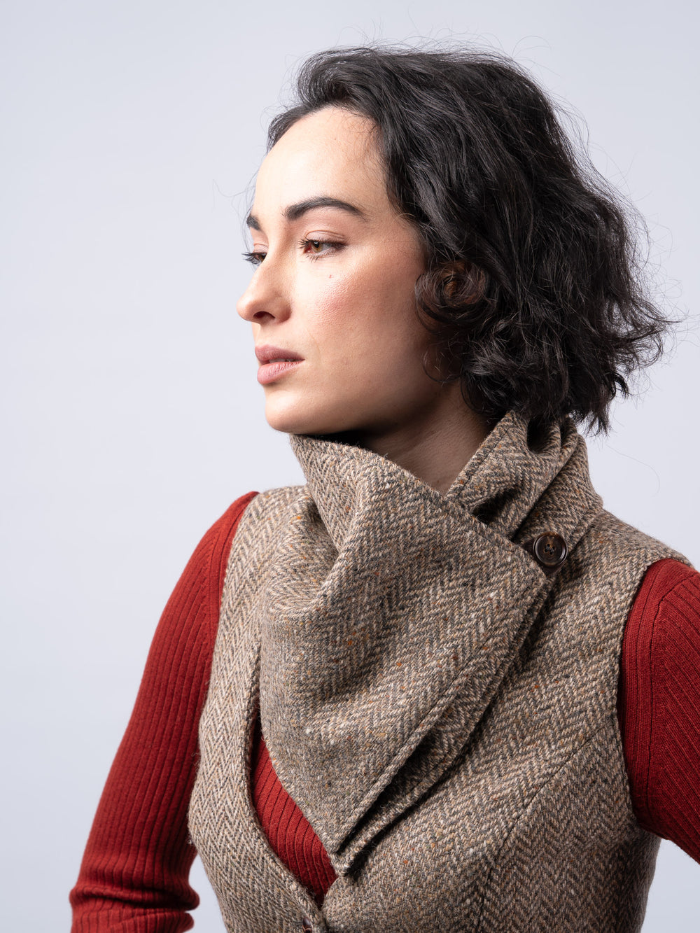 Women's Oak Brown Herringbone Tweed Snood Scarf with Reversible Velvet — Available to Preorder Now