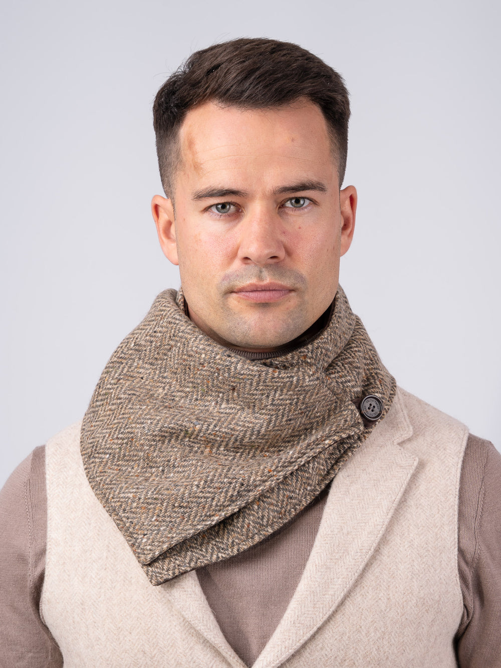 Men's Oak Brown Herringbone Tweed Snood Scarf with Reversible Velvet