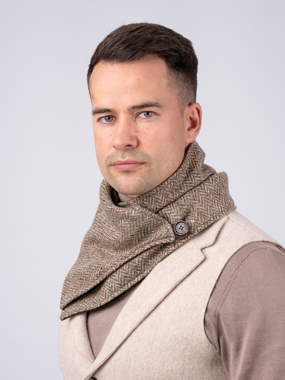 Men's Oak Brown Herringbone Tweed Snood Scarf with Reversible Velvet