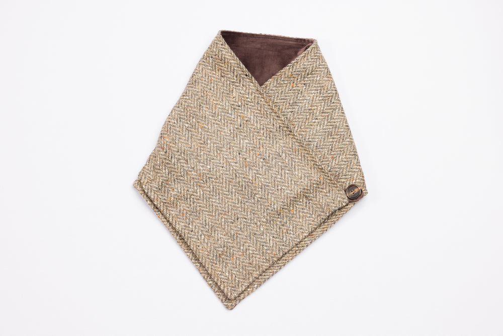 Oak Brown Herringbone Tweed Snood Scarf with Reversible Velvet