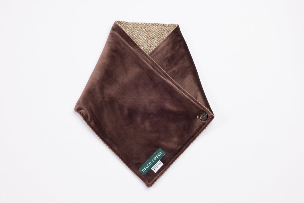 Oak Brown Herringbone Tweed Snood Scarf with Reversible Velvet