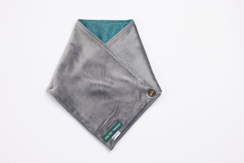 Ocean Blue Herringbone Tweed Snood Scarf with Reversible Velvet