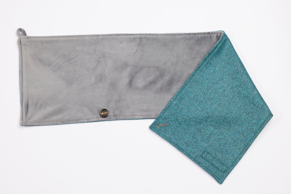 Ocean Blue Herringbone Tweed Snood Scarf with Reversible Velvet