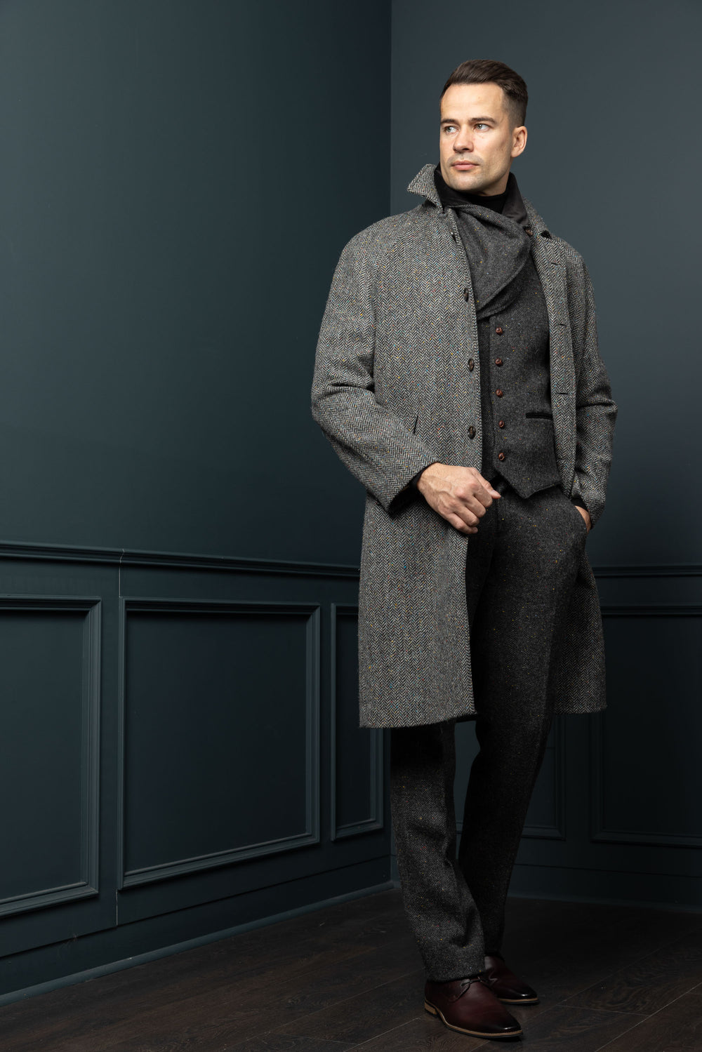 Men's Silver And Grey Tweed Raglan Overcoat