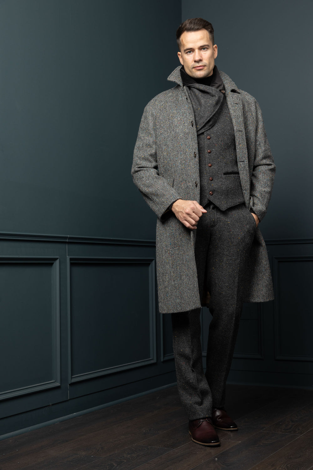 Men's Silver And Grey Tweed Raglan Overcoat