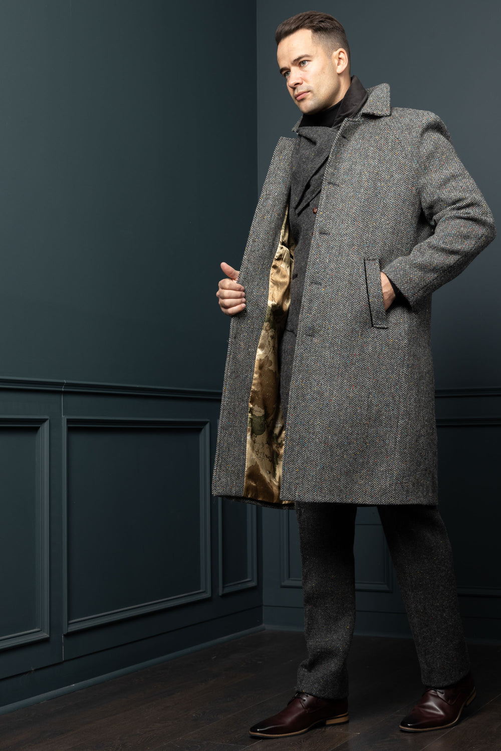 Men's Silver And Grey Tweed Raglan Overcoat