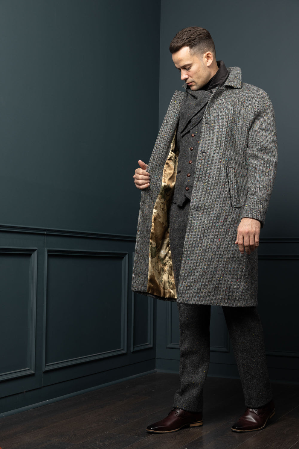 Men's Silver And Grey Tweed Raglan Overcoat