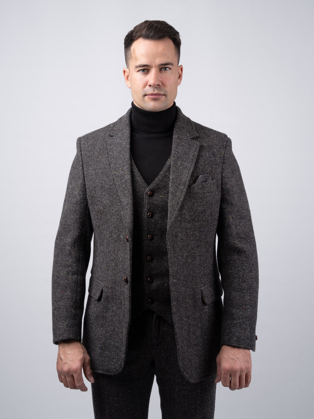 Smoke Grey Herringbone Tweed Jacket with Linen Trim