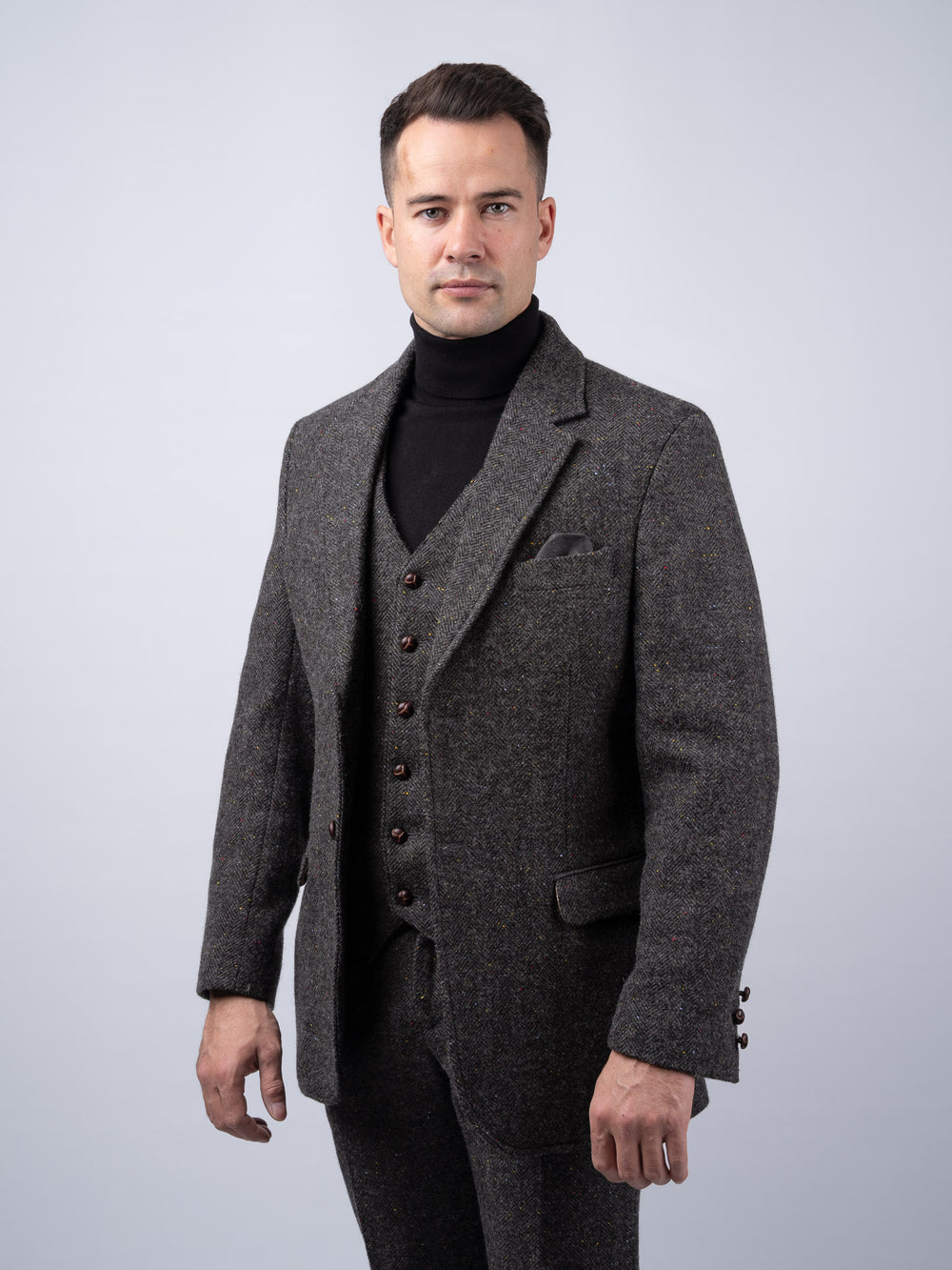 Smoke Grey Herringbone Tweed Jacket with Linen Trim