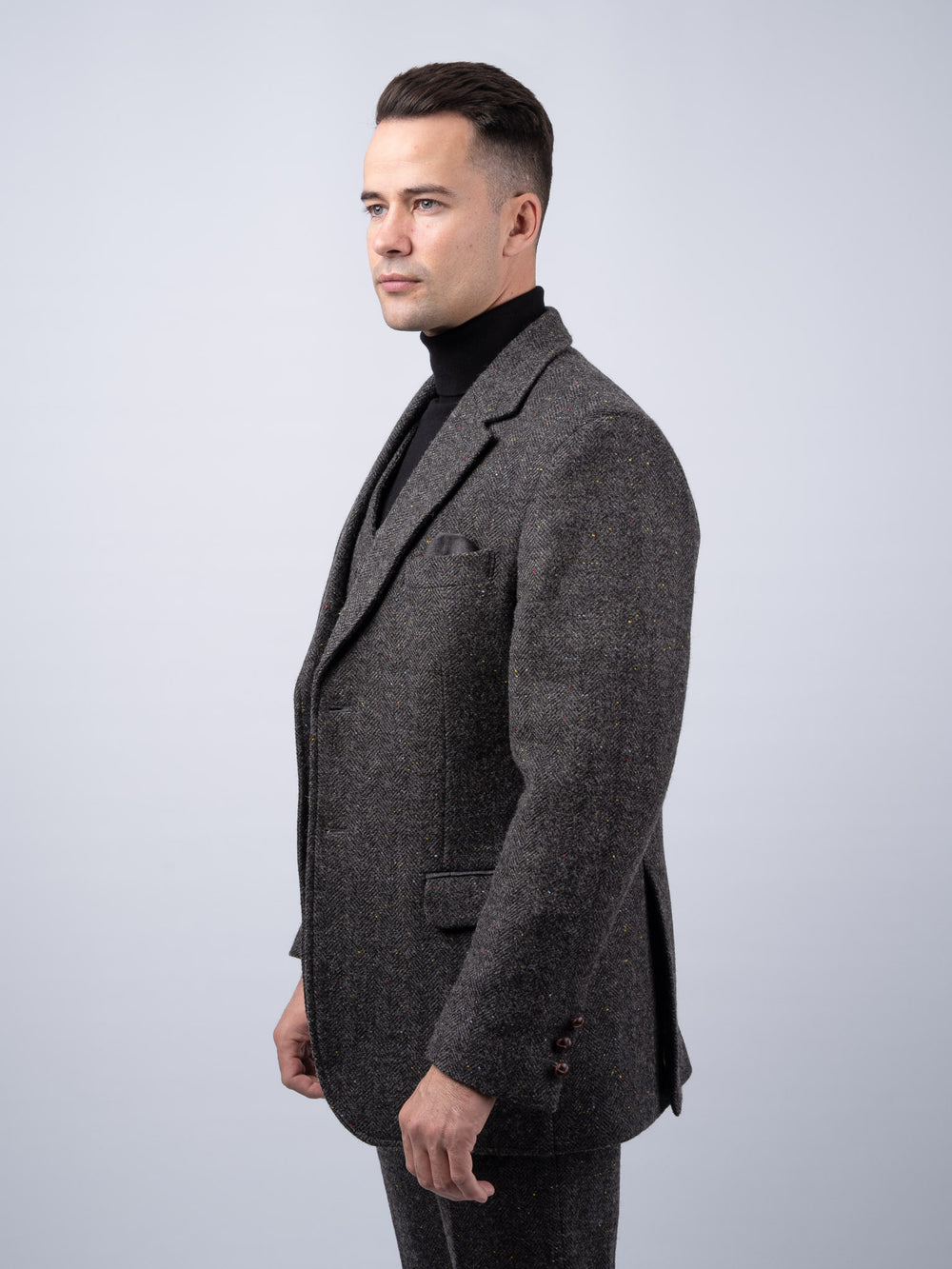 Smoke Grey Herringbone Tweed Jacket with Linen Trim