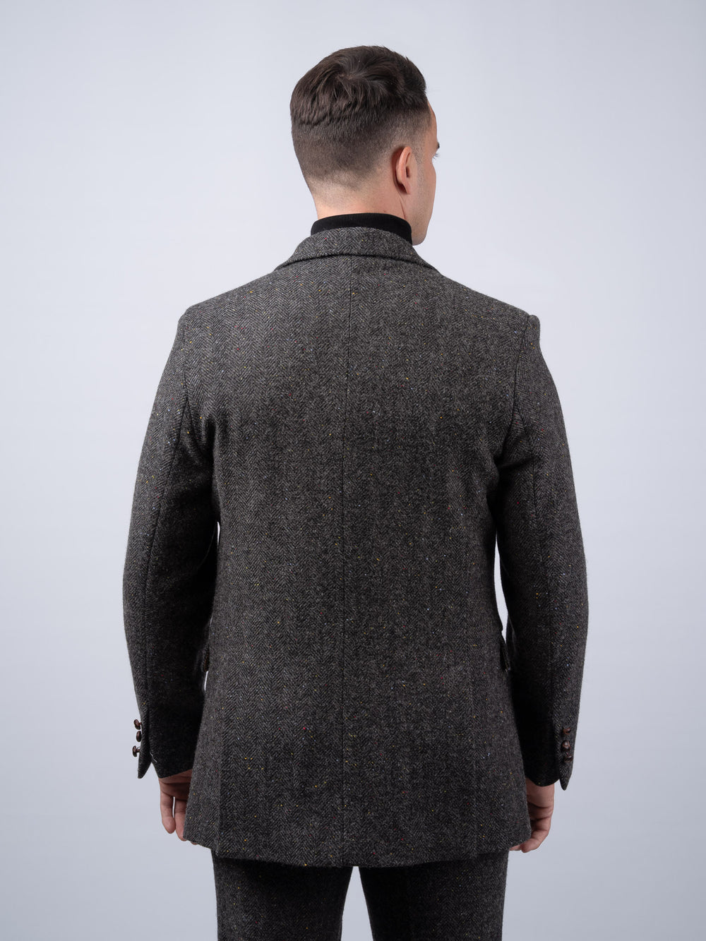 Smoke Grey Herringbone Tweed Jacket with Linen Trim