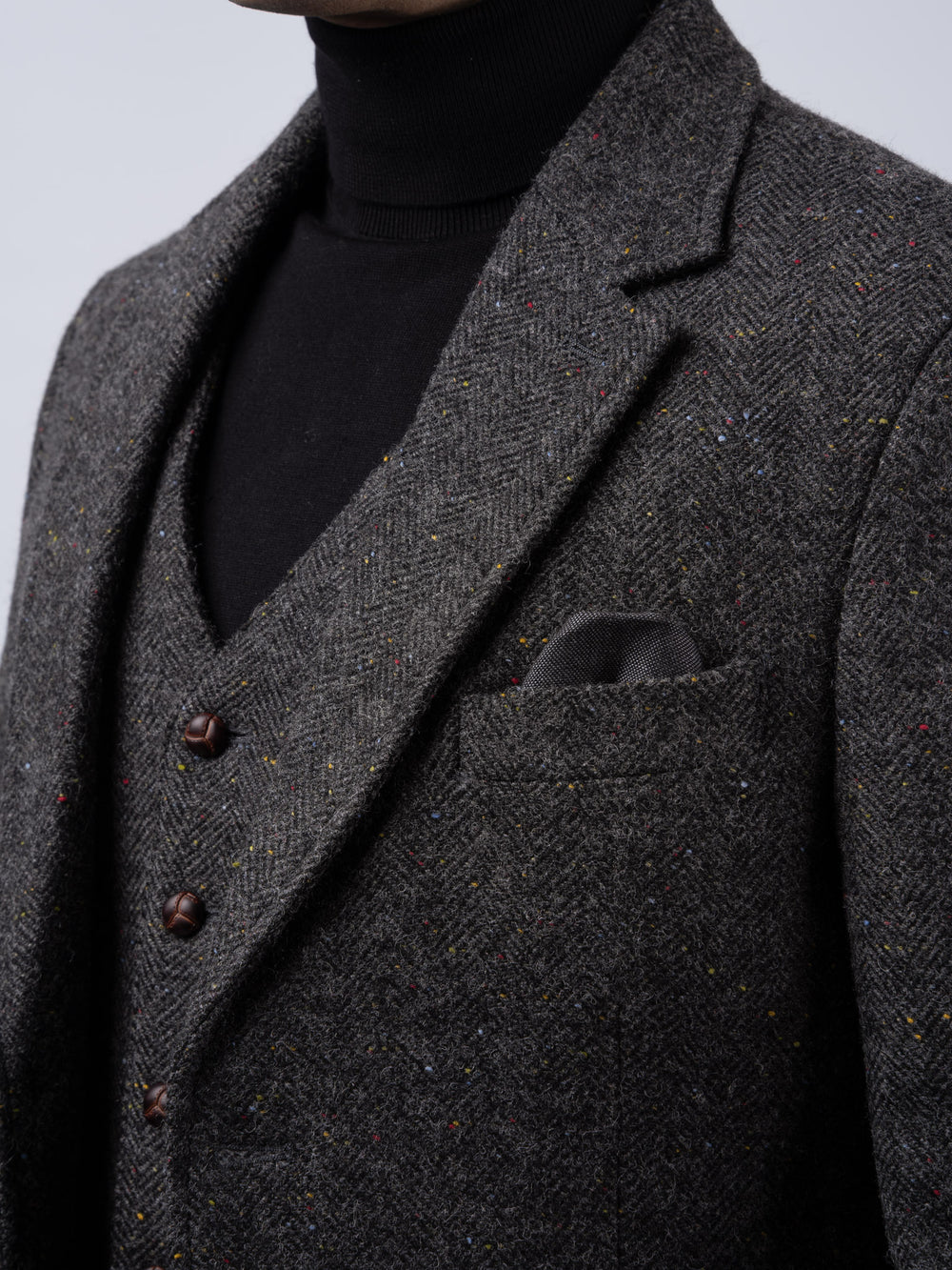 Smoke Grey Herringbone Tweed Jacket with Linen Trim