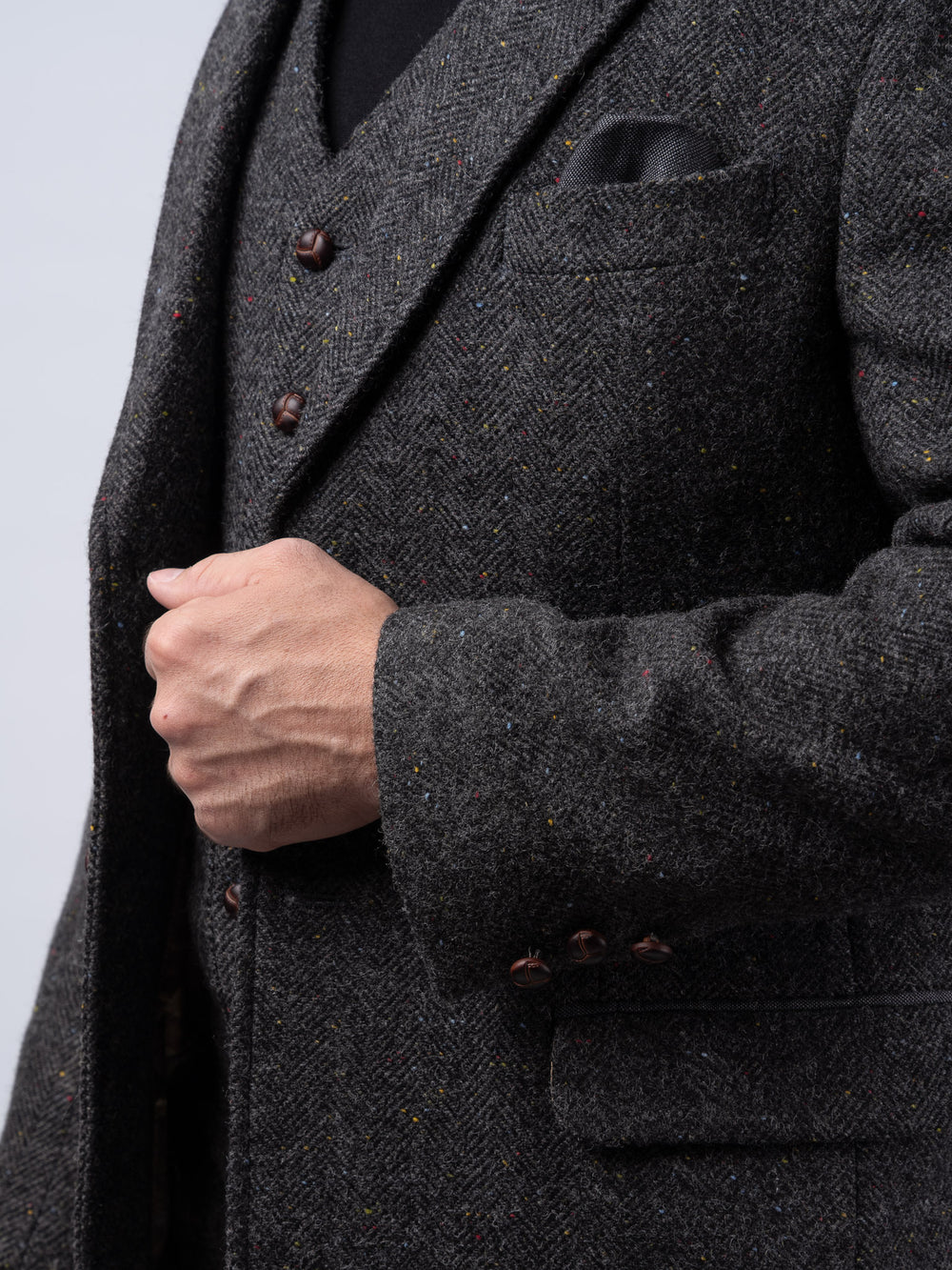 Smoke Grey Herringbone Tweed Jacket with Linen Trim