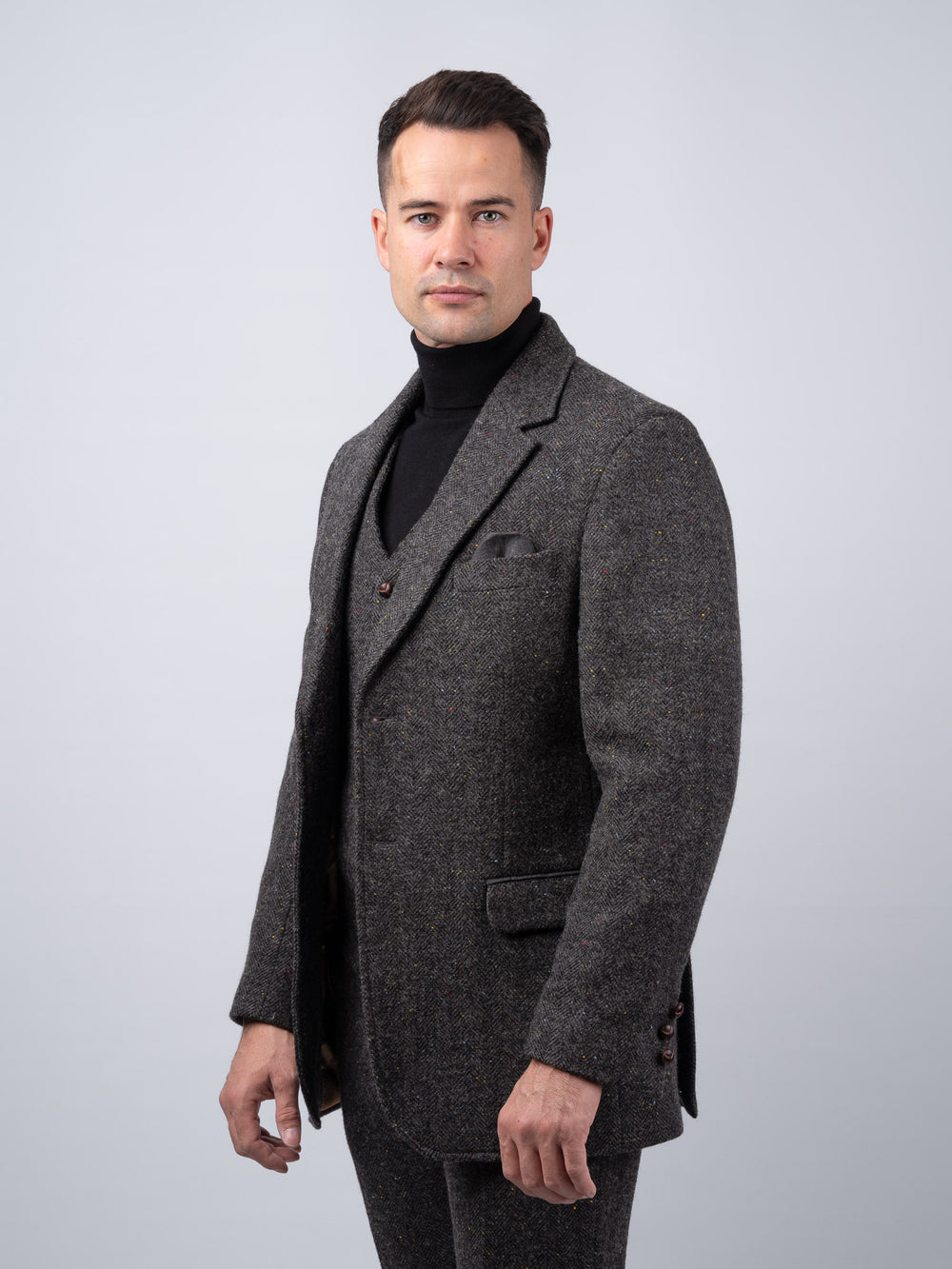 Smoke Grey Herringbone Tweed Jacket with Linen Trim