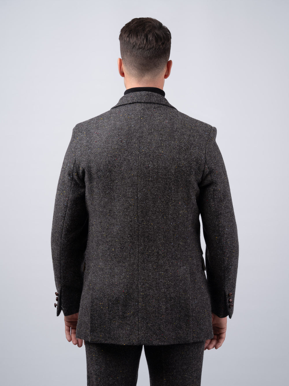 Smoke Grey Herringbone Tweed Jacket with Linen Trim