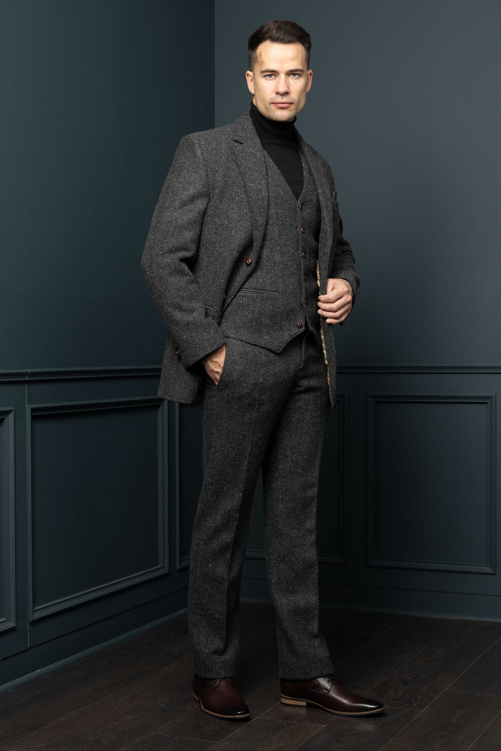 Smoke Grey Herringbone Tweed Jacket with Linen Trim