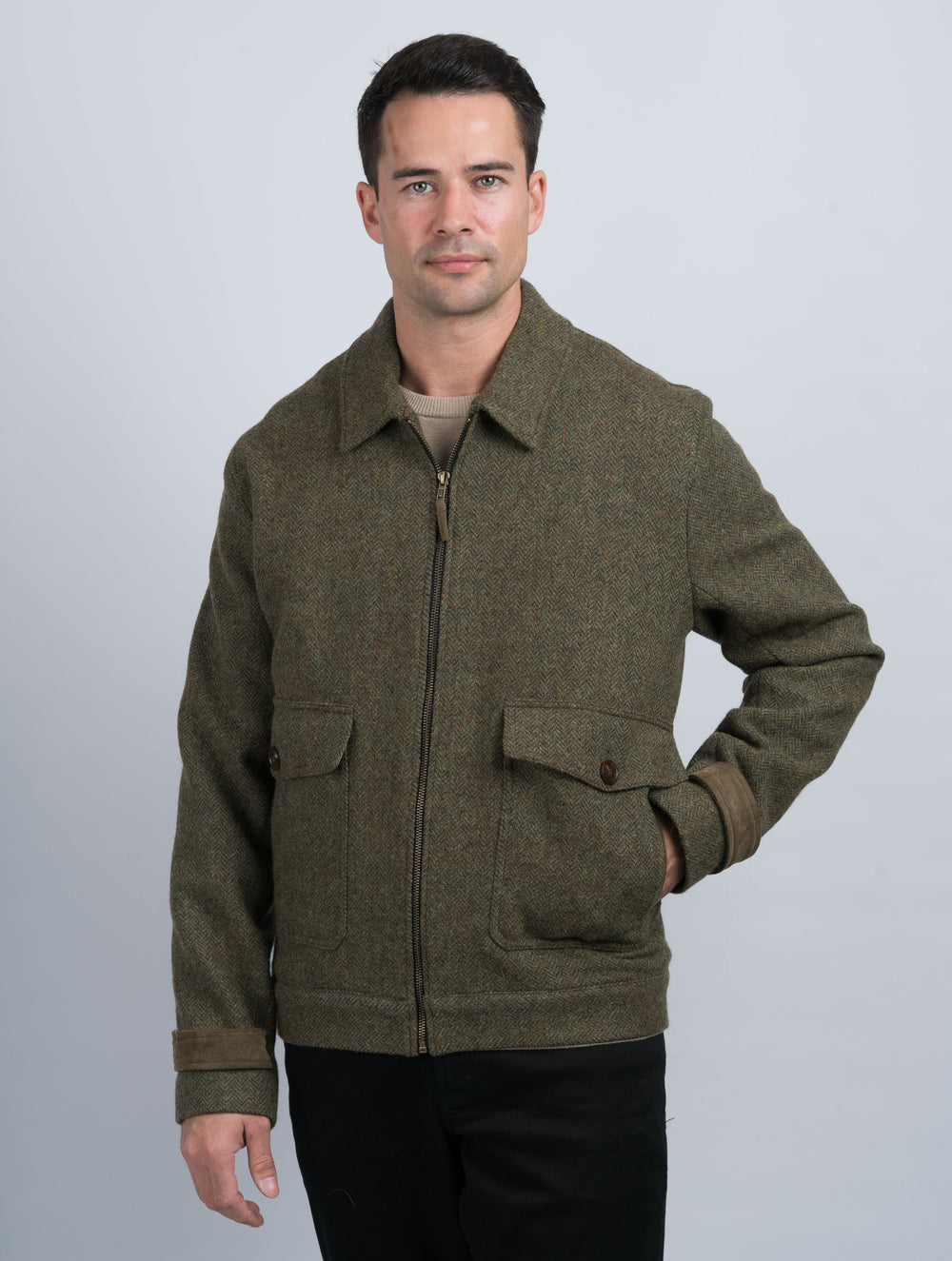 Men's Moss Green Tweed Aviator Jacket