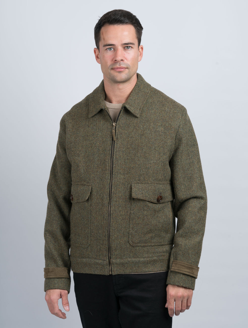 Men's Moss Green Tweed Aviator Jacket
