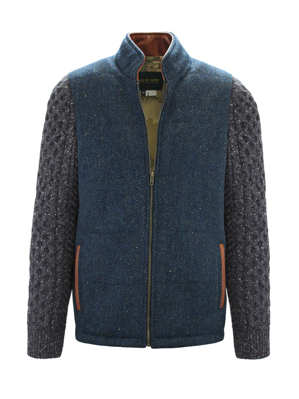 Blue Herringbone Shackleton Jacket with Charcoal Cable Knit Sleeve