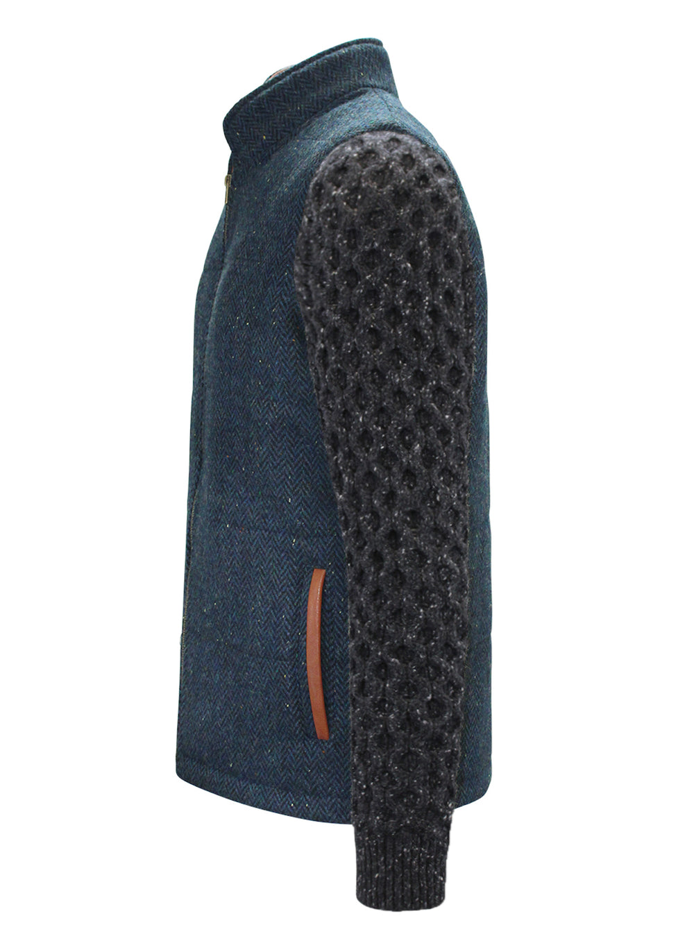 Blue Herringbone Shackleton Jacket with Charcoal Cable Knit Sleeve