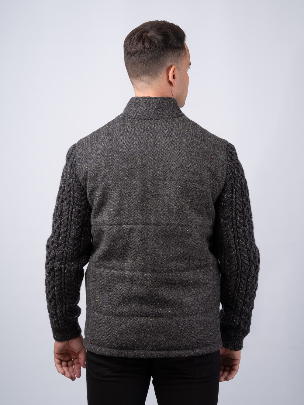 Smoke Herringbone Tweed Shackleton Jacket with Charcoal Cable Knit Sleeve and Linen Trim — Available to Preorder Now