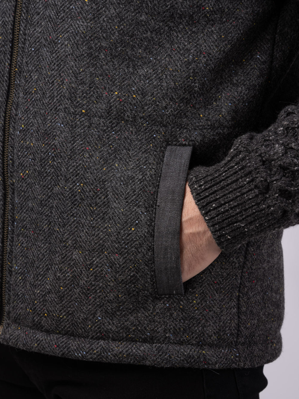 Smoke Herringbone Tweed Shackleton Jacket with Charcoal Cable Knit Sleeve and Linen Trim — Available to Preorder Now