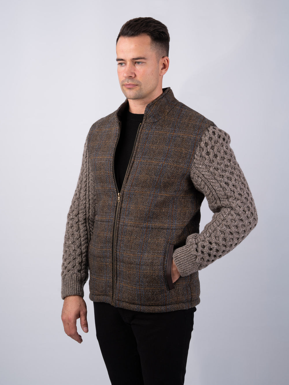 Horse Brown Shackleton Jacket with Rocky Road Cable Knit Sleeve