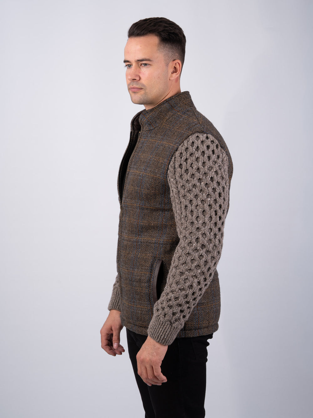 Horse Brown Shackleton Jacket with Rocky Road Cable Knit Sleeve