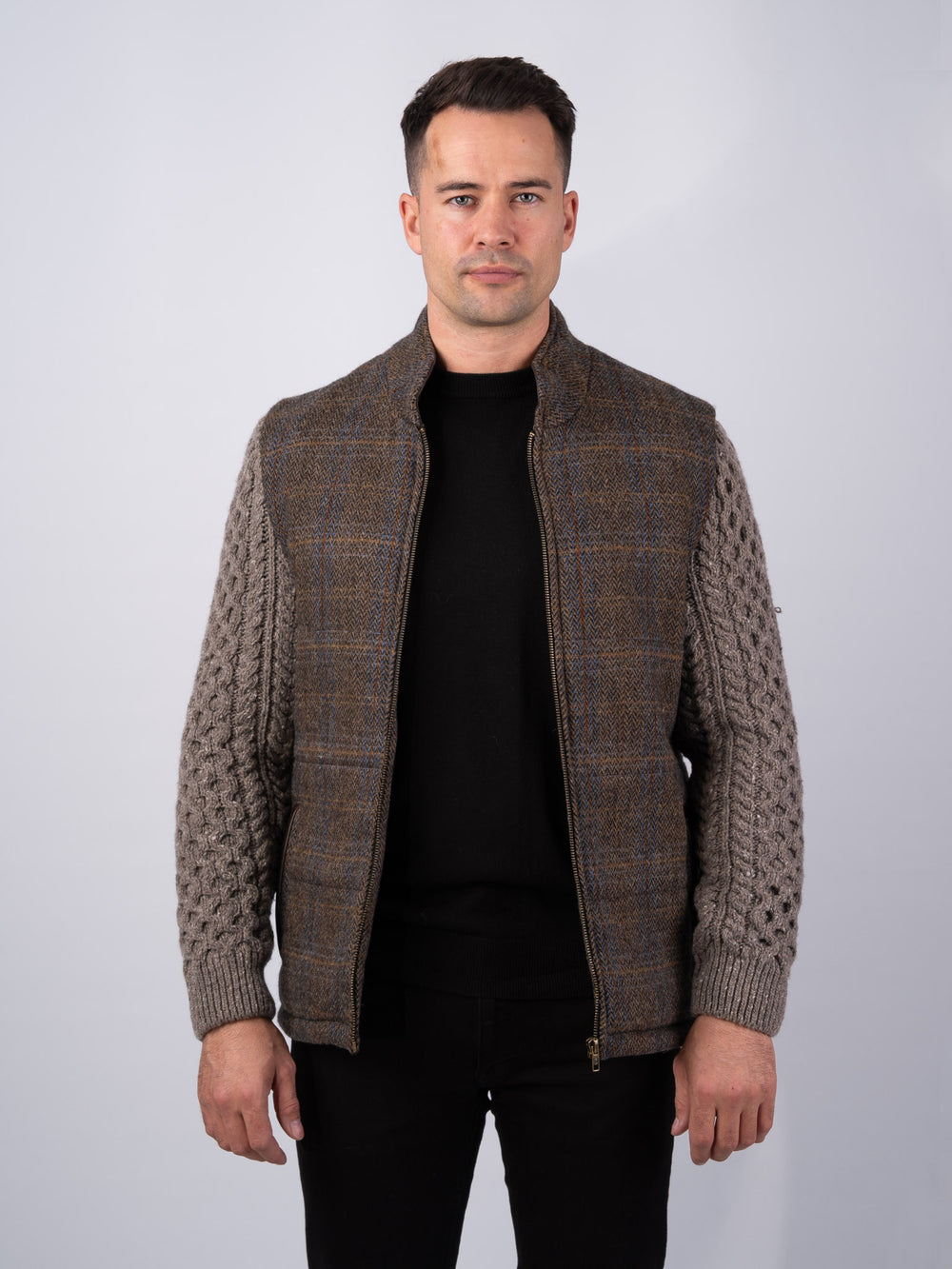 Horse Brown Shackleton Jacket with Rocky Road Cable Knit Sleeve