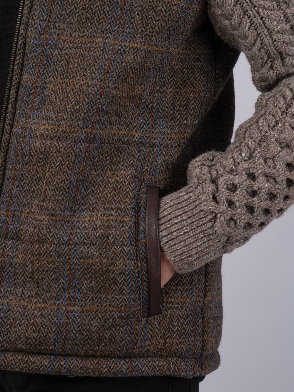 Horse Brown Shackleton Jacket with Rocky Road Cable Knit Sleeve