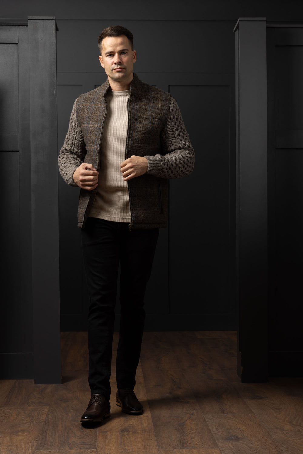 Horse Brown Shackleton Jacket with Rocky Road Cable Knit Sleeve