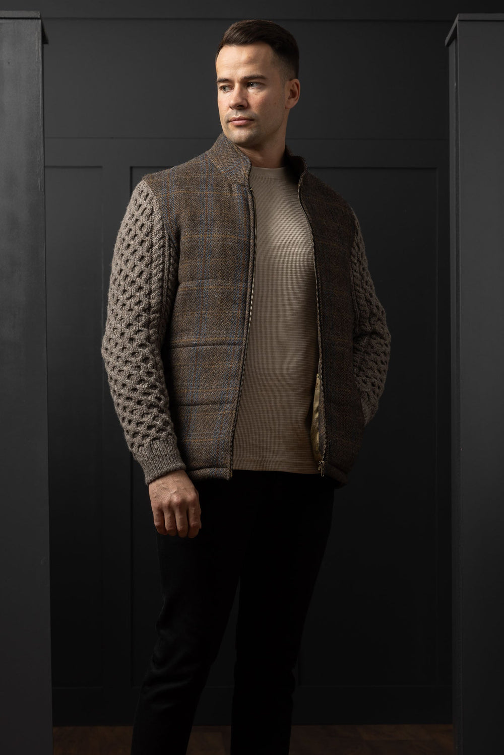 Horse Brown Shackleton Jacket with Rocky Road Cable Knit Sleeve