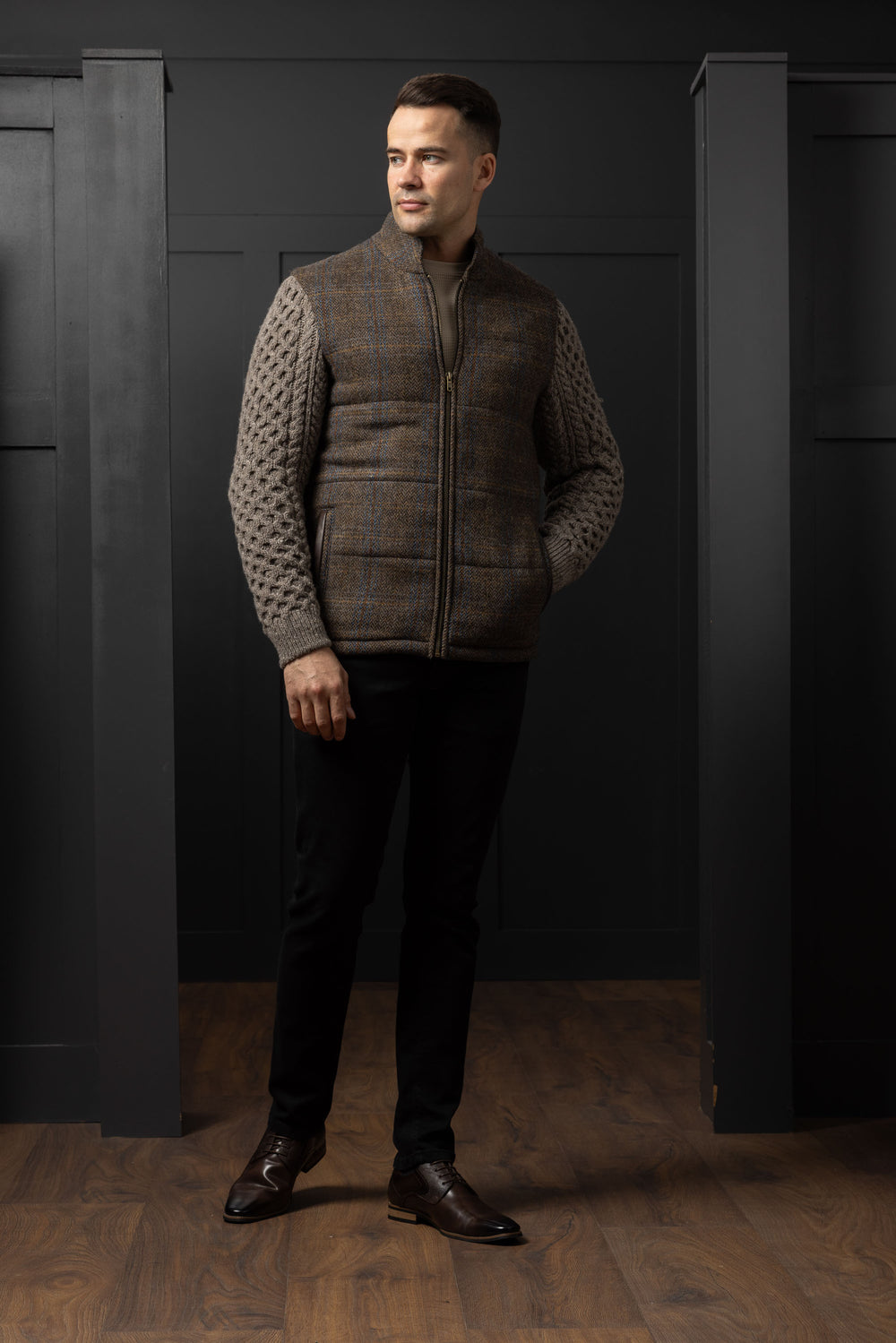 Horse Brown Shackleton Jacket with Rocky Road Cable Knit Sleeve