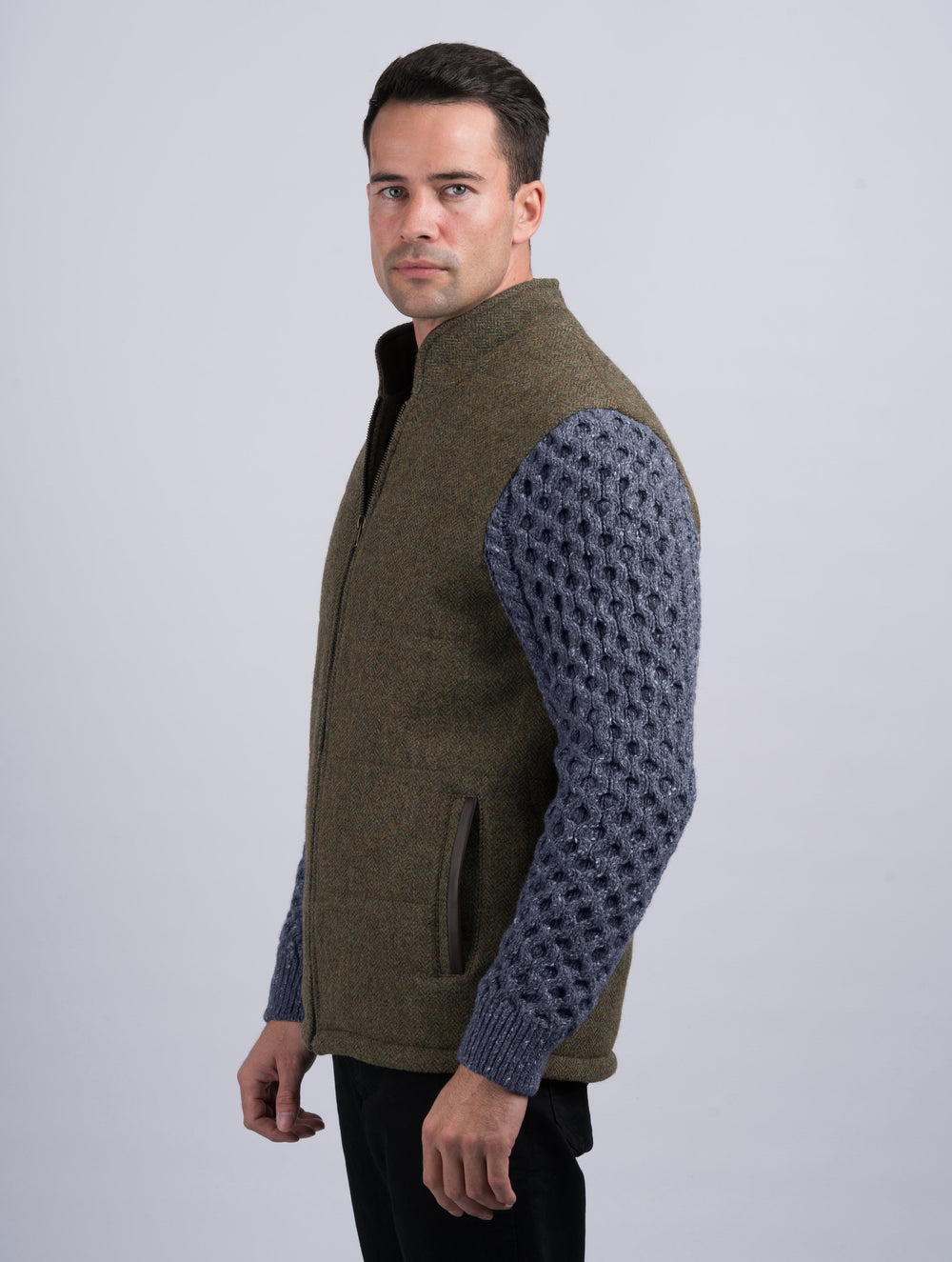 Moss Green Shackleton Jacket With Navy Marl Cable Knit Sleeve
