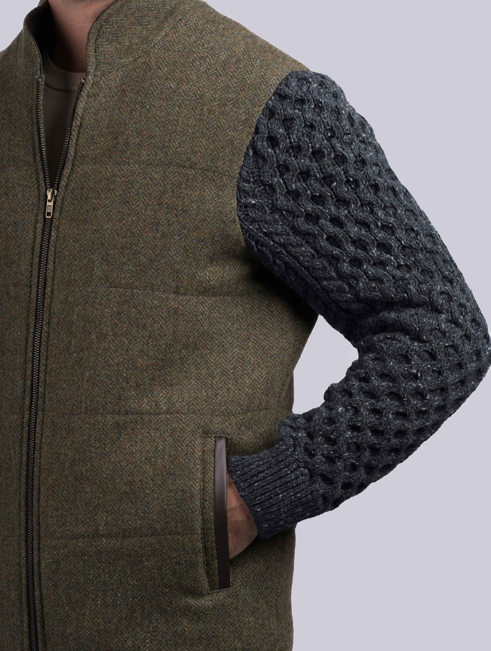 Moss Green Shackleton Jacket With Charcoal Cable Knit Sleeve