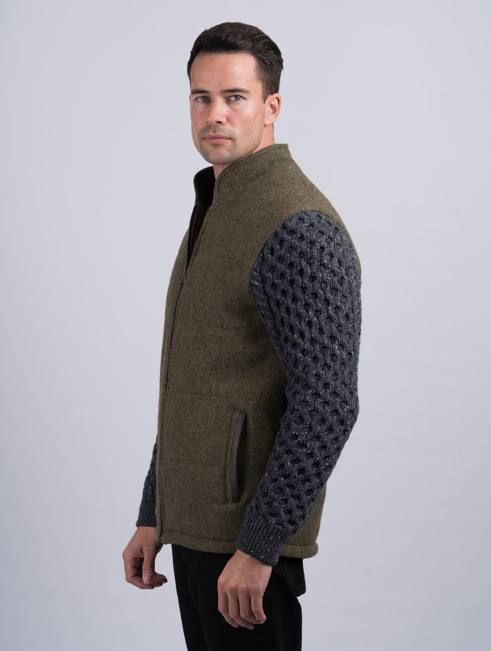 Moss Green Shackleton Jacket With Charcoal Cable Knit Sleeve
