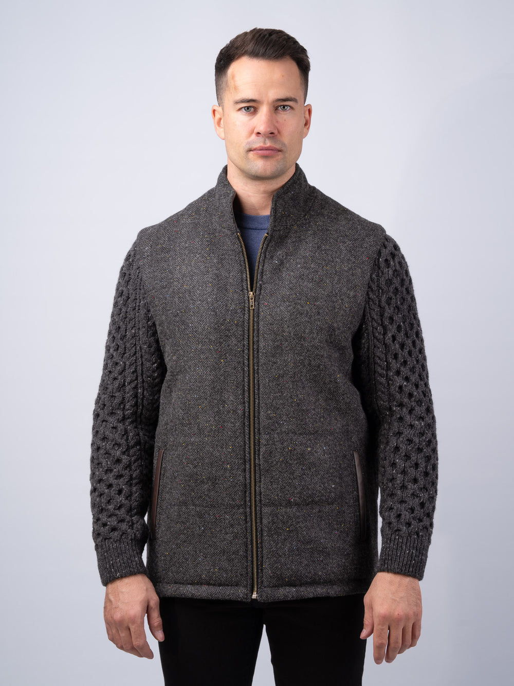 Smoke Herringbone Tweed Shackleton Jacket with Charcoal Cable Knit Sleeve and Leather Trim