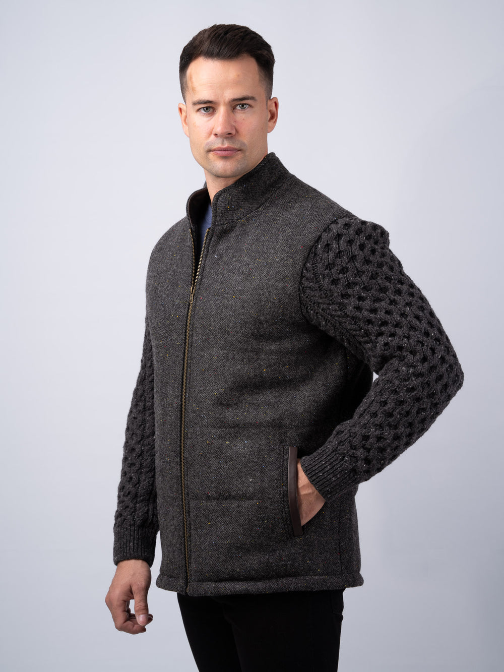 Smoke Herringbone Tweed Shackleton Jacket with Charcoal Cable Knit Sleeve and Leather Trim