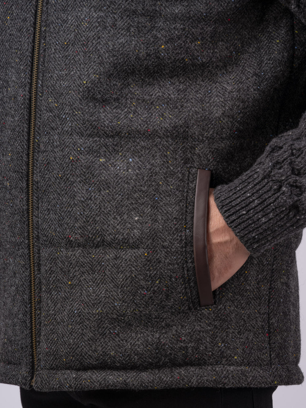 Smoke Herringbone Tweed Shackleton Jacket with Charcoal Cable Knit Sleeve and Leather Trim