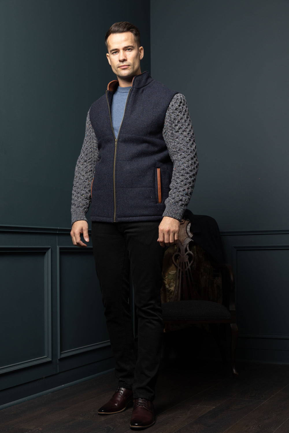 Navy Shackleton Jacket with Marl Navy Cable Knit Sleeve