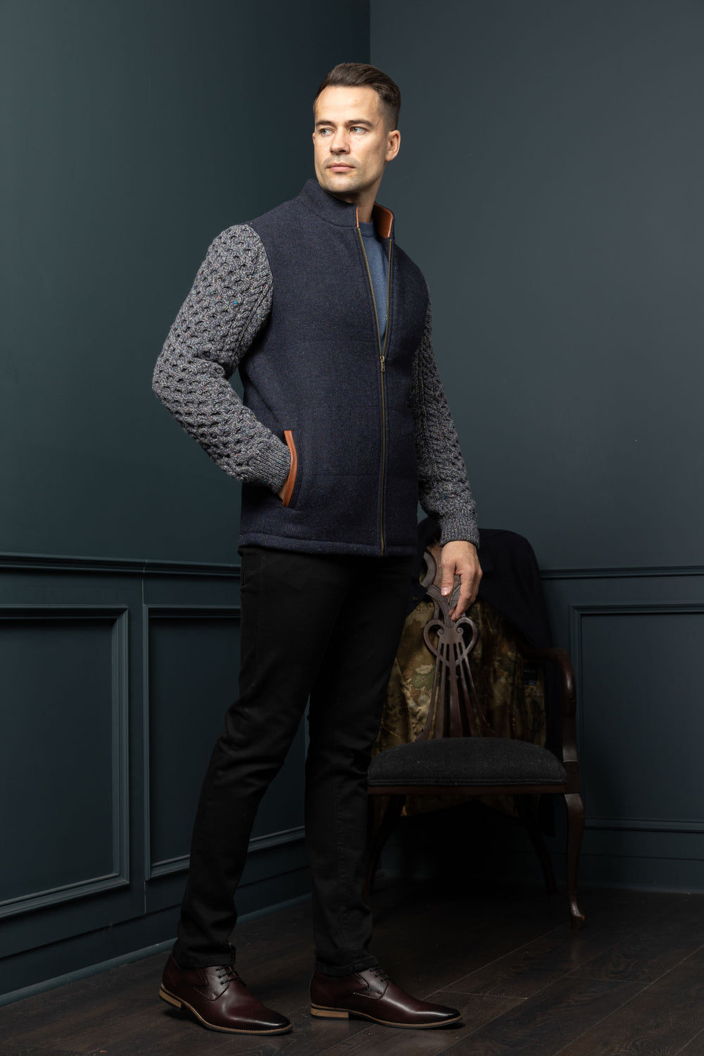 Navy Shackleton Jacket with Marl Navy Cable Knit Sleeve