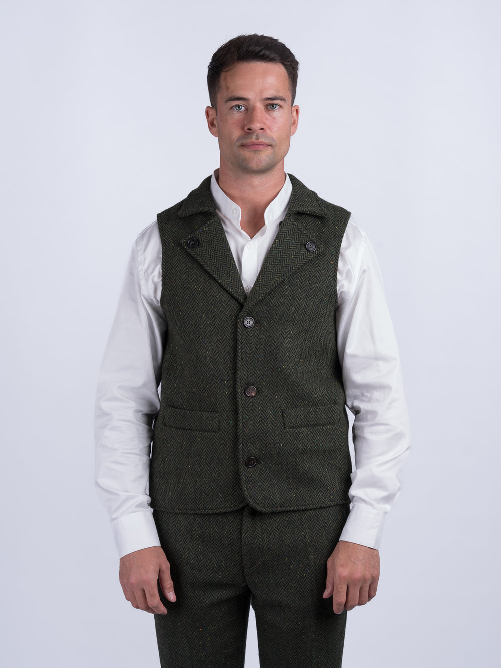 Man Of Aran Green Herringbone Tweed Waistcoat & Vest