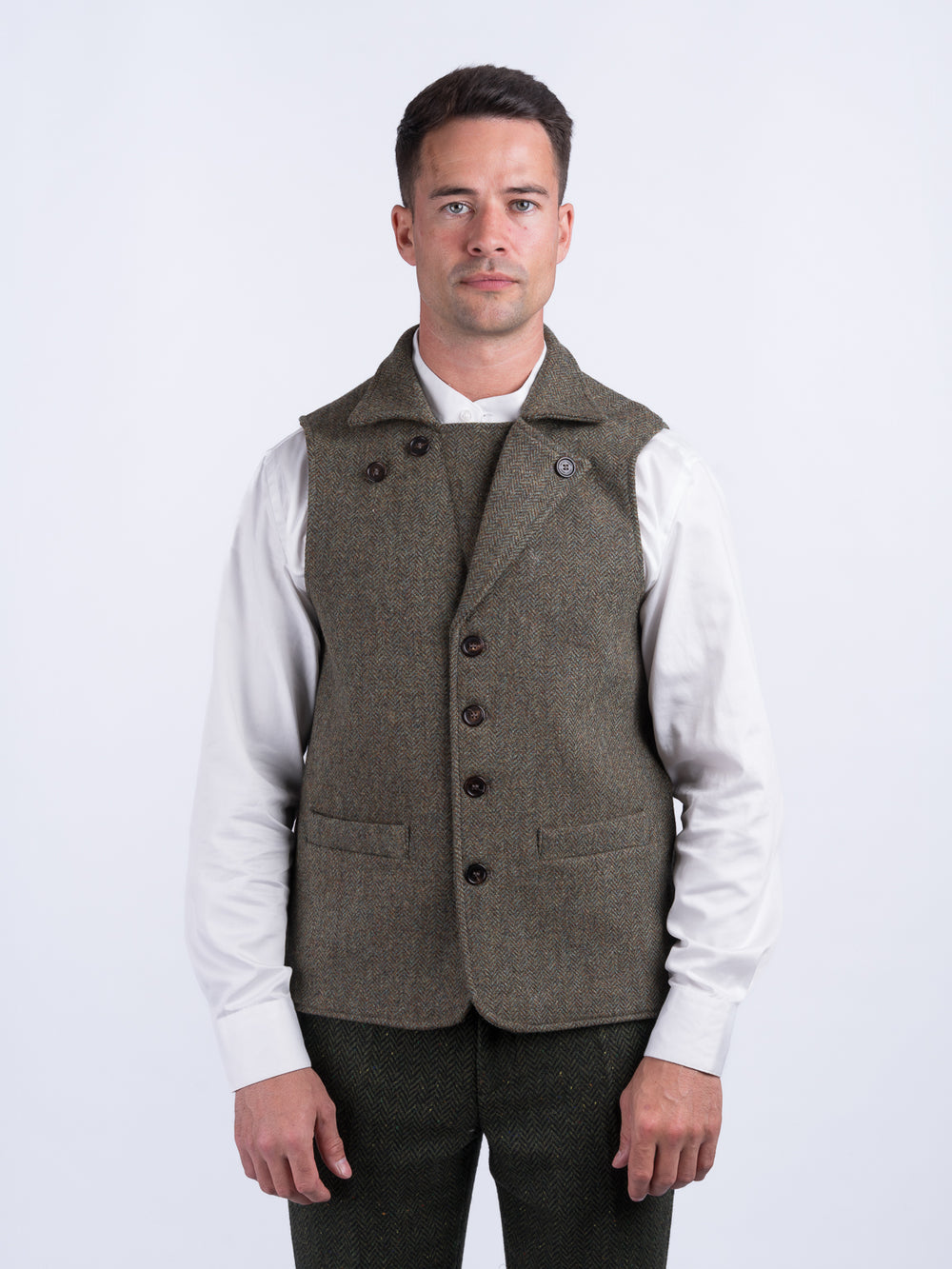 Man Of Aran Moss Green Herringbone Tweed Waistcoat & Vest