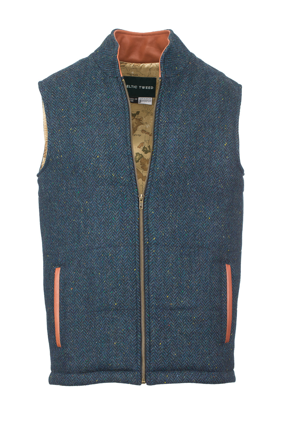 Men's Blue Herringbone Tweed Gilet with Leather Trims - Luxury