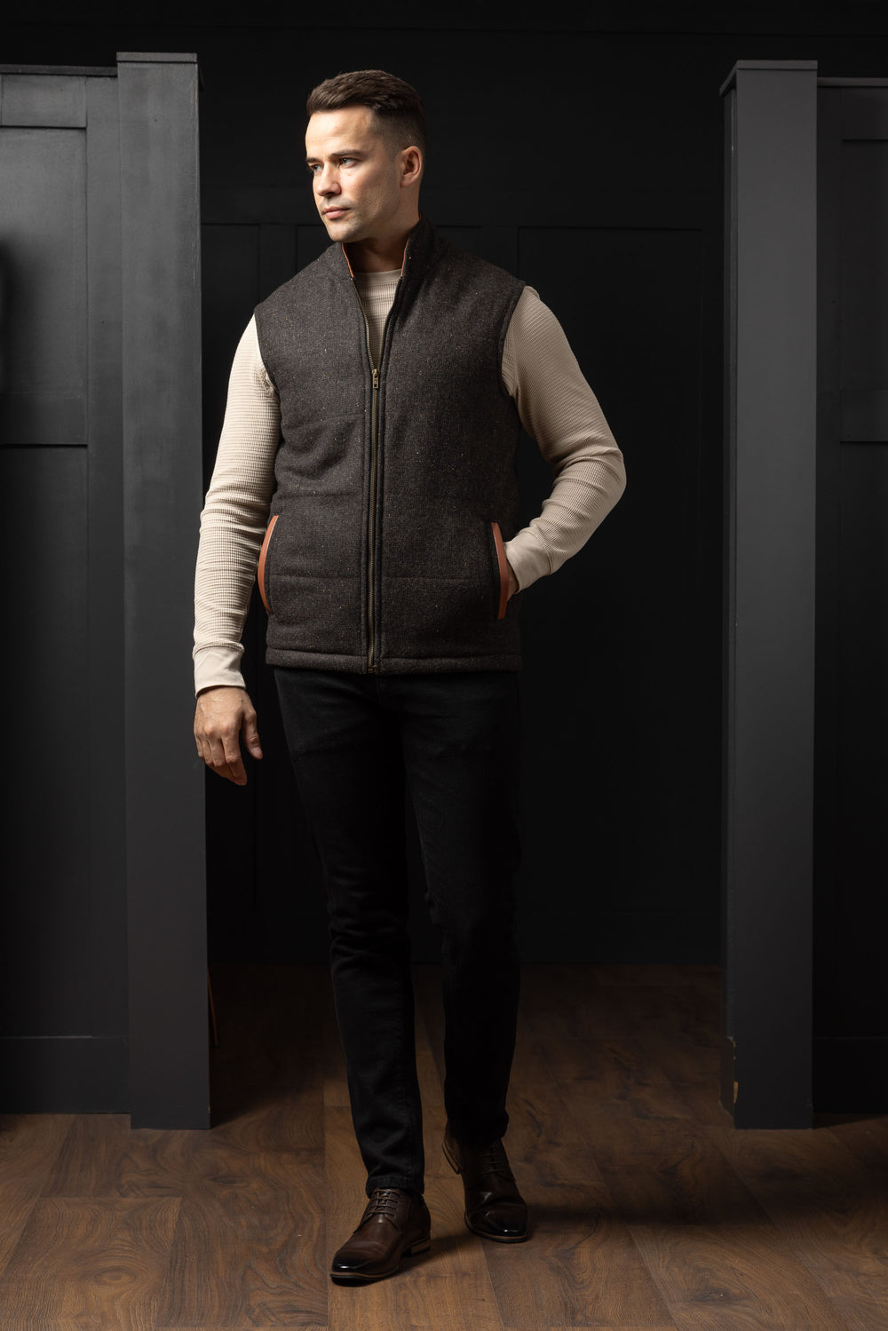 Brown Tweed Bodywarmer with Leather Trims