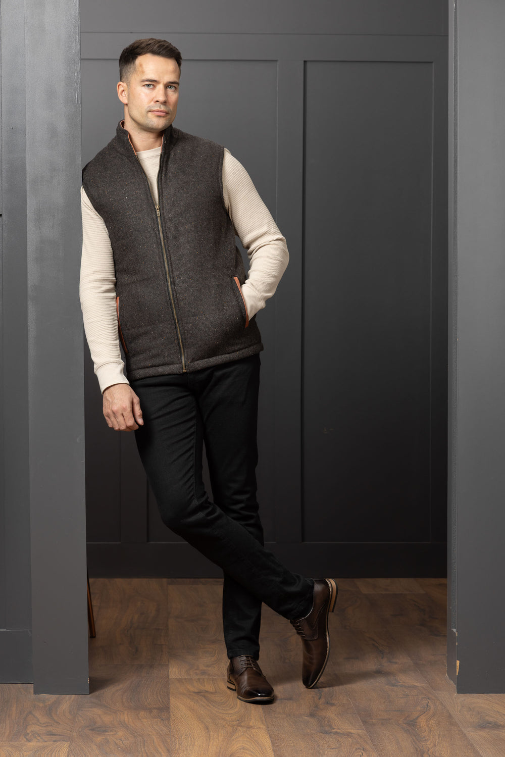 Brown Tweed Bodywarmer with Leather Trims