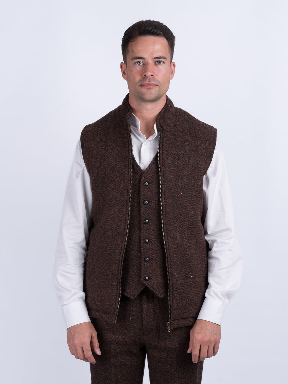 Brown Herringbone Tweed Bodywarmer with Leather Trims