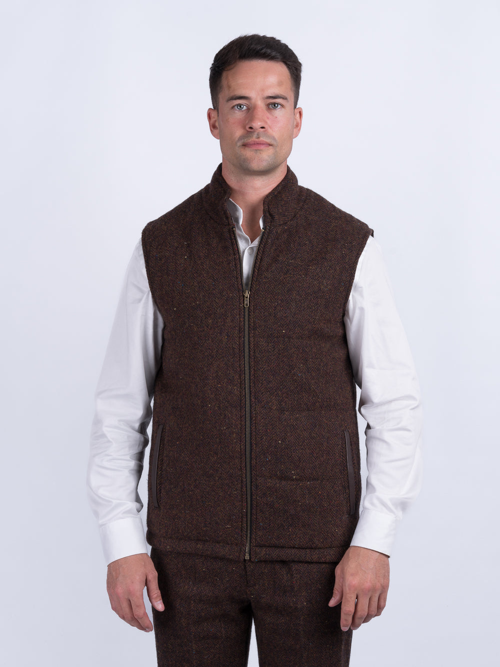 Brown Herringbone Tweed Bodywarmer with Leather Trims