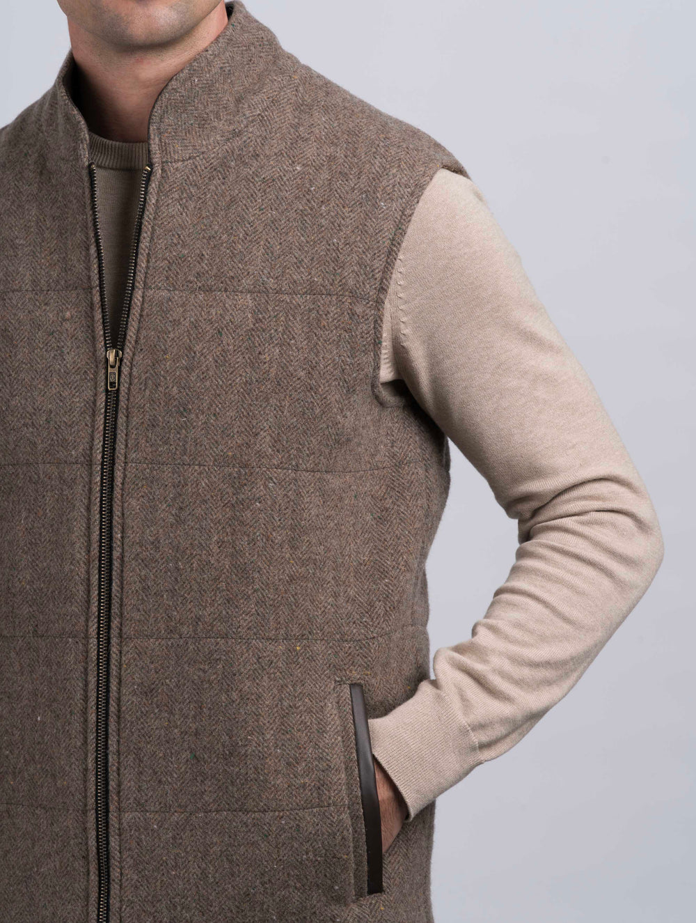 Fawn Tweed Bodywarmer with Leather Trims