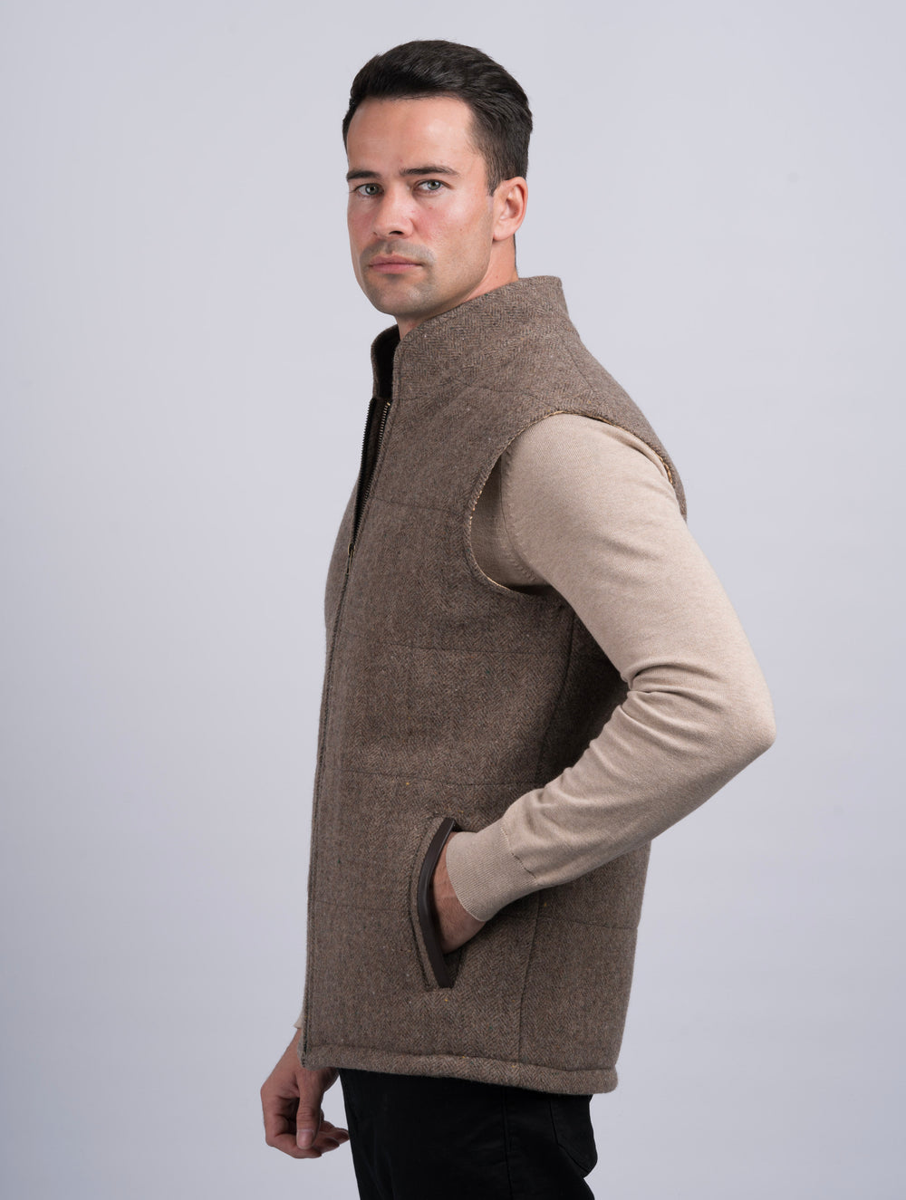 Fawn Tweed Bodywarmer with Leather Trims